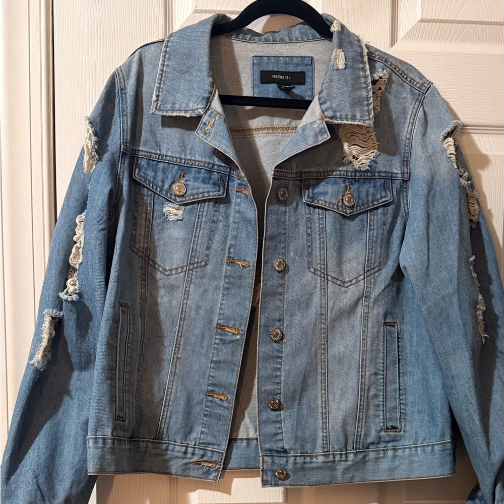Forever 21 Light Blue Distressed Jean Jacket
